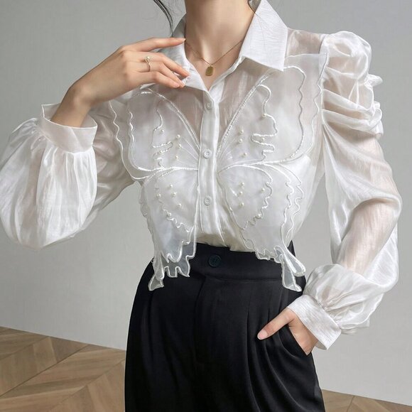 White Elegant Women's 3D Butterfly Decorated Puff Sleeve Blouse - Picture 6 of 8